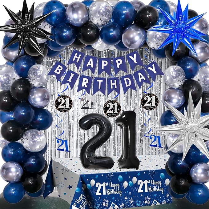 21st Birthday Decorations for Him Her Dark Blue, Happy 21st Birthday Decorations for Men Women with Banner 21 Balloon Number Tablecloth Foil Star Balloons Garland Arch Kit-21 Years Old Party Supplies