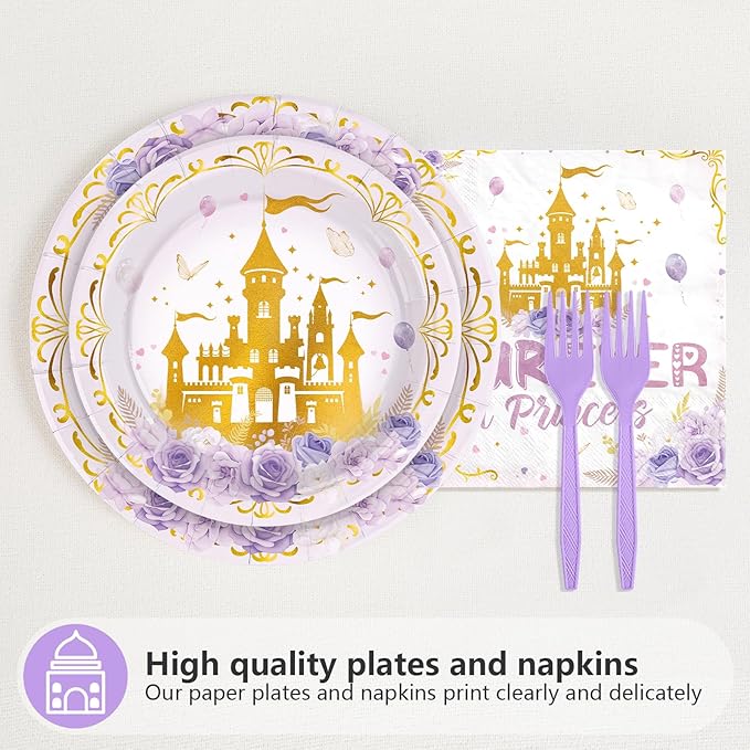 96 Pcs Princess Birthday Party Supplies Purple Four Ever a Princess Plates and Napkins Disposable Purple Castle 4th Tableware Set for Girls 4 Year Old Happy Birthday Party Decorations Serves 24