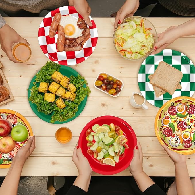 60PCS Pizza Theme Birthday Party Plates Red Green White Pizzas Checkered Disposable Paper Dessert Plates for Italian Pizza Birthday Decorations Party Tableware Set for Kids BBQ Picnic Supplies