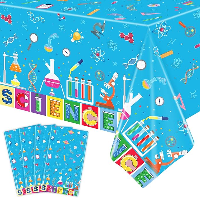 4 PCS Science Tablecloth Decorations Mad Scientist Theme Birthday Party Supplies Science Table Cover Rectangular  51 x 86in Laboratory Table Covers for Lab Party Decor