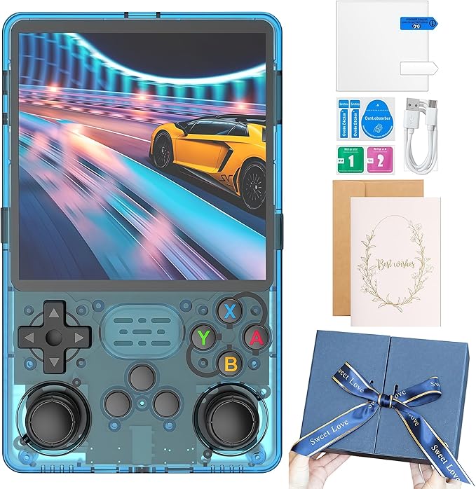 HatiLuminis R36plus Handheld Retro Game Console 4.0-inch IPS Screen,Preloaded with Classic Games,Portable Pocket Video Gaming with Valentine's Card & Premium Gift Box (Blue)