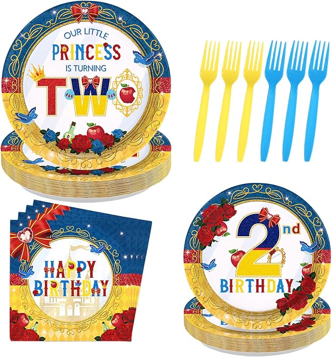 96 Pcs Snow Princess 2nd Birthday Party Supplies Cartoon Snow Plates and Napkins Red Blue Yellow Tableware Set for Girls 2nd Birthday Baby Shower Princess Theme Party Supplies, Serves 24