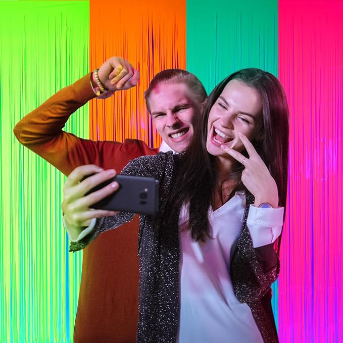 Weysat Glow in The Dark Party Supplies 4 Pack 3.3x6.6ft Neon Party Decoration Neon Tinsel Foil Fringe Curtain 2026 Vbs Photo Booth Backdrop Streamer for Birthday Decor(Green, Rose Red, Yellow, Orange)