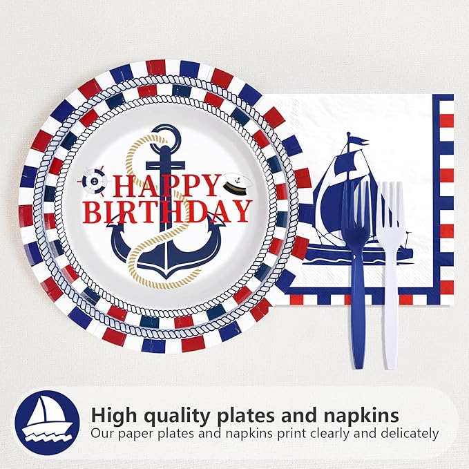 96 Pcs Nautical Party Supplies Sailing Party Decoration Plates and Napkins Red White and Blue Tableware Set for Boy Birthday Baby Shower Nautical Theme Celebrations Serves 24