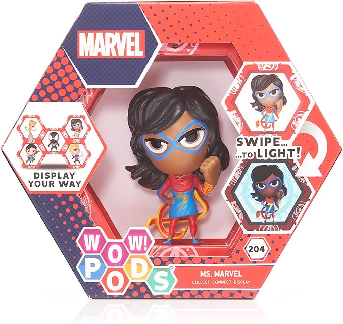 Wow! PODS Marvel Avengers Collection - Ms Marvel | Superhero Light-Up Bobble-Head Figure | Official Marvel Collectable Toys & Gifts | Number 204 in Series,Grey