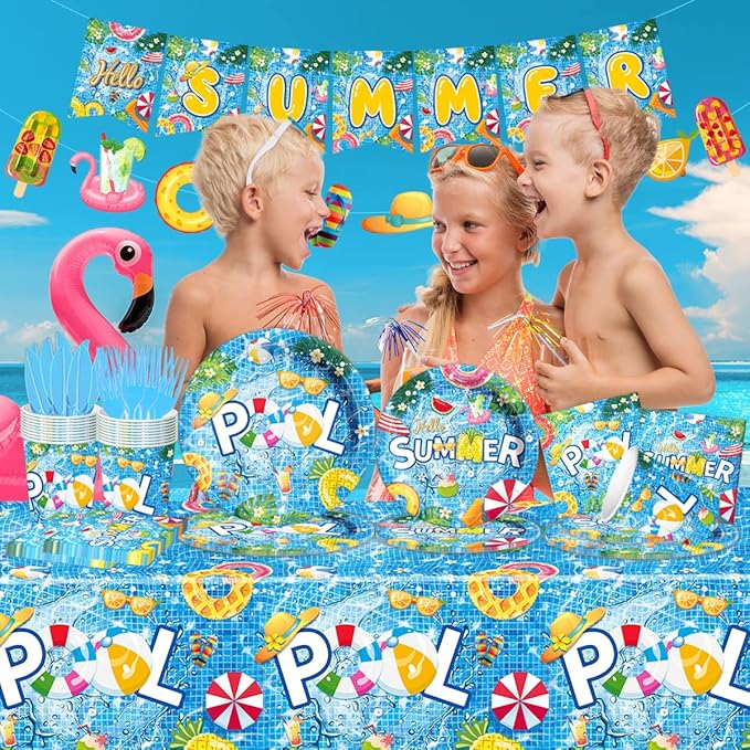 Pool Party Decoration-143Pcs Summer Tableware Pool Hello Summer Plates and Napkins Set Beach Hawaiian Pool Birthday Party Supplies,Summer Swimming Disposable Tableware Serve 20 Guests