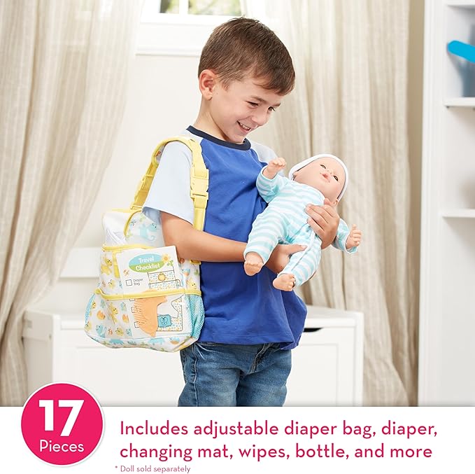 Melissa & Doug Mine to Love Travel Time Play Set for Dolls with Diaper Bag, Bottle, Sunscreen, More (17 pcs) - Baby Doll Accessories, Baby Doll Sets For Kids Ages 3+