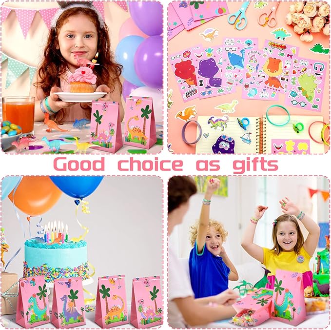 122 Pcs Dinosaur Party Supplies Pink Dinosaur Birthday Party Favors Dino Goodie Bags Make a Dino Sticker Mini Glow in Dark Toy Badge Bracelet Ring for Christmas Favor Treat Bag Stocking Stuffer