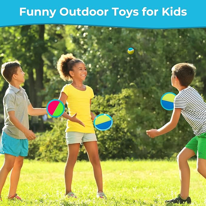 Kids Toys - Outdoor Games, Beach Toys, Toss and Ball Set with 4 Paddles and 3 Balls, Perfect Beach Games Sets Playground Sets for Backyards Easter Gifts for Kids/Adults/Family (Blue+Light Yellow)