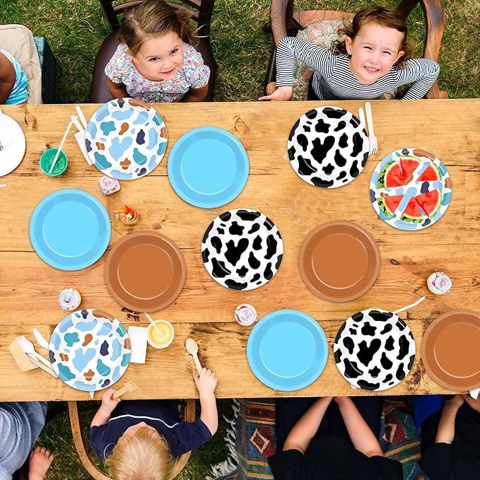 CHUNNIN 48Pcs Western Cowboy Party Paper Plates 7” Toy Blue Brown Cartoon Story Party Supplies Cow Print Disposable Dinner Plate for Western Theme Farm Birthday Baby Shower Farmhouse Party Decorations