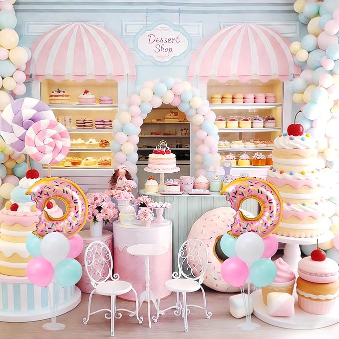 Donut Balloon Table Centerpiece Stand Kit 2 Sets for Table with 2 Doughnut Foil Balloons 14 Latex Pastel Balloons for Donut Party Decorations Pastel Birthday Party Baby Shower Decorations