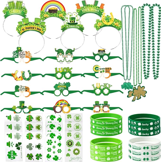 Ansoufien 48 PCS St. Patrick's Day Accessories & Irish Party Supplies - 6 Headbands, 12 Glasses, 6 Necklaces, 12 Wristbands, 12 Sheets (33 Patterns) Tattoos - Shamrock Dress Up