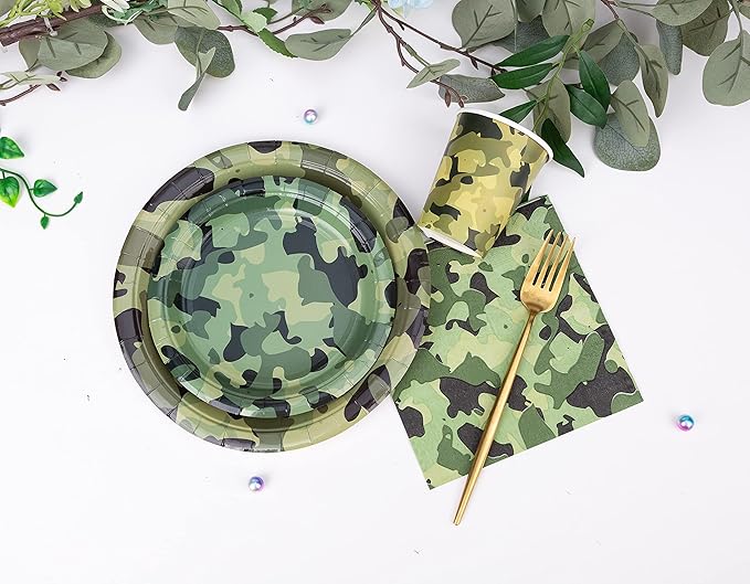 Camouflage Party Supplies Tableware Set Including Camouflage Paper Plates Cups Napkins Straws Serves 16 for Birthday Baby Shower Party