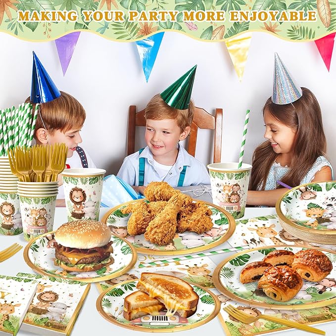 300 Pcs Safari Baby Shower Plates and Napkins (Serves 50 Guests), Plates Napkins Cups Straws and Forks Sets, Party Supplies, Jungle Safari Baby Shower Decorations