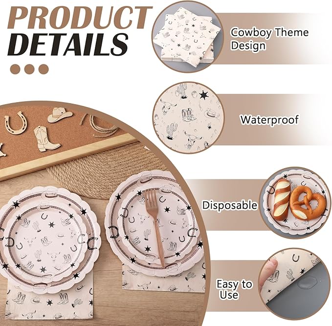 122 Pcs Cowboy Paper Plates and Napkins Forks Western Birthday Supplies First Rodeo Bachelorette Party Plates Cowboy Ranch Tableware Set for Kids Boys Baby Shower Decorations, Serve 24