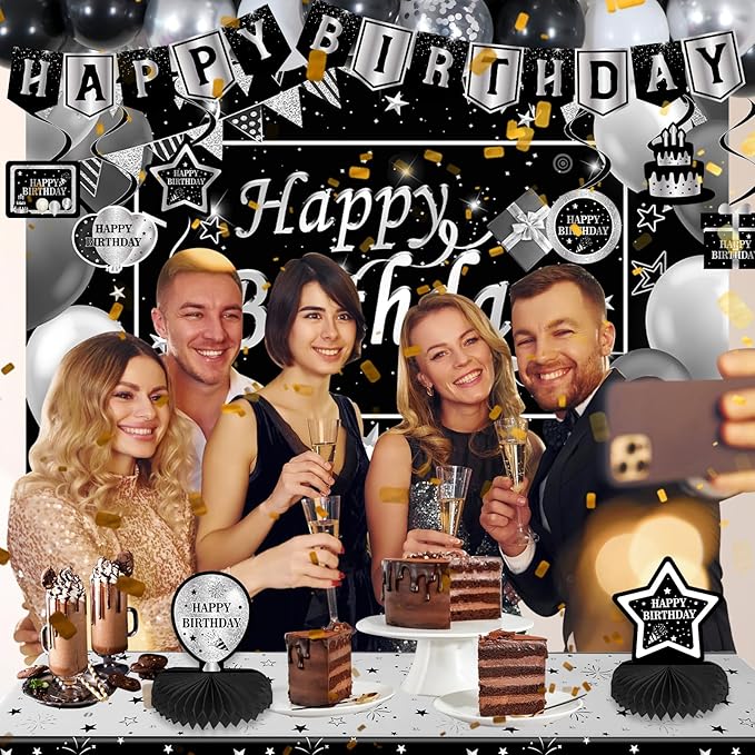 Black and Silver Birthday Decorations, BIack Birthday Decoretions for Men Women Boys Girls with Black Happy Birthday Banner Tablecloth Backdrop Balloons Arch Garland Kit Decorations Party Supplies