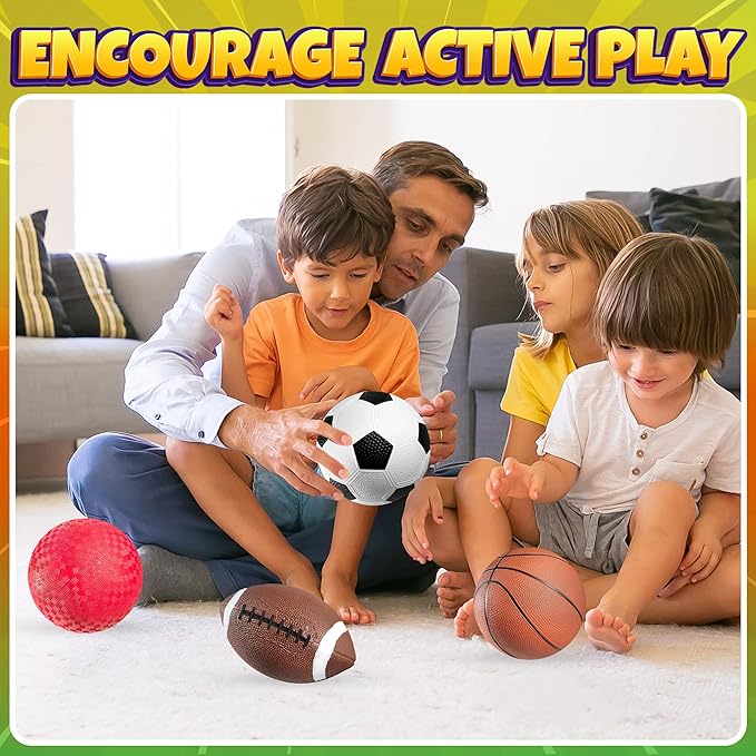 Sports Balls for Kids & Toddlers - (Pack of 4) 5-inch Sports Set Includes Football, Small Size Soccer, Basketball, and Playground Balls, Fun Indoors & Outdoor Toys (Hand Pump Included)