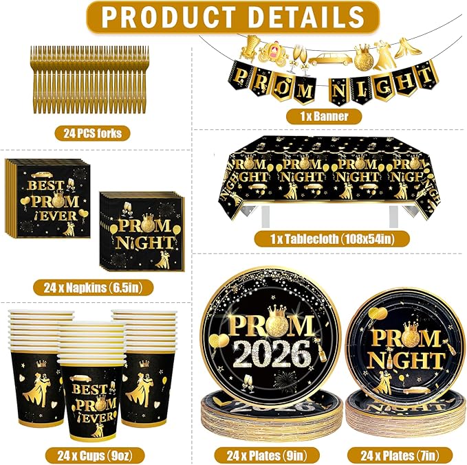 179Pcs Prom Decorations for Party 2026 Prom Plates and Napkins 2026 Prom 2026 Decorations Prom Party Supplies with Prom Night Banner