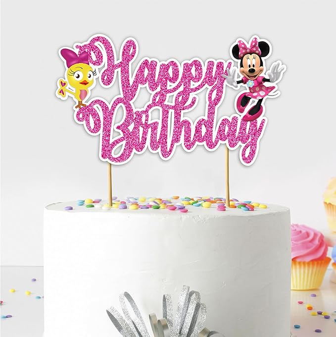 "Minie Mouse Happy Birthday Cake Topper – Cartoon Theme Cake Decoration for Girls – Pink and Cute Minie Cake Topper for Shower, Birthday Party, Family Celebrations & Cartoon Fan Events"