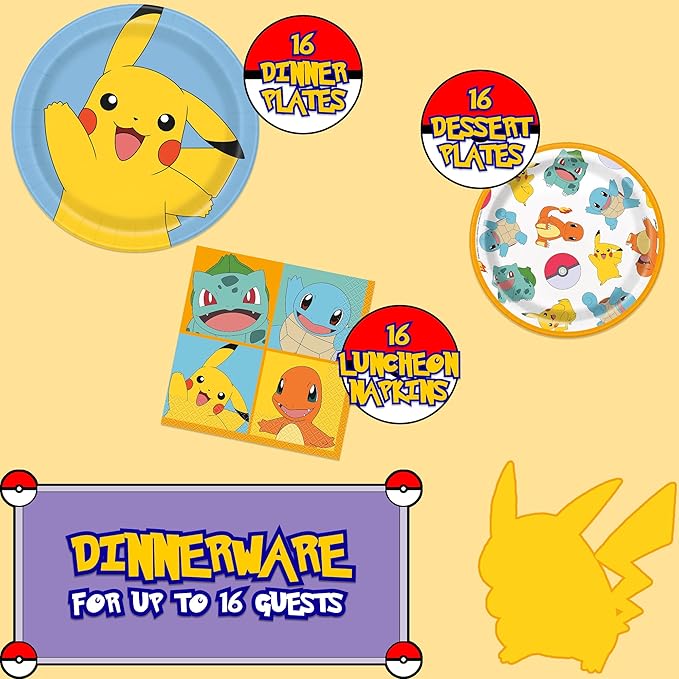 Unique Pokémon Party Supplies | Tabletop & Party Hats Set | Serves 16 | Officially Licensed | Plates, Napkins, Plastic Table Cover, Party Hats | Birthday Decorations For Kids & Classrooms