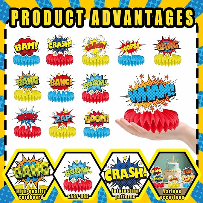 12 Pcs Hero Table Honeycomb Centerpieces, Hero Theme Happy Birthday Party Decorations for Women Men, Fun Action Standing Card Party Decor Party Supplies