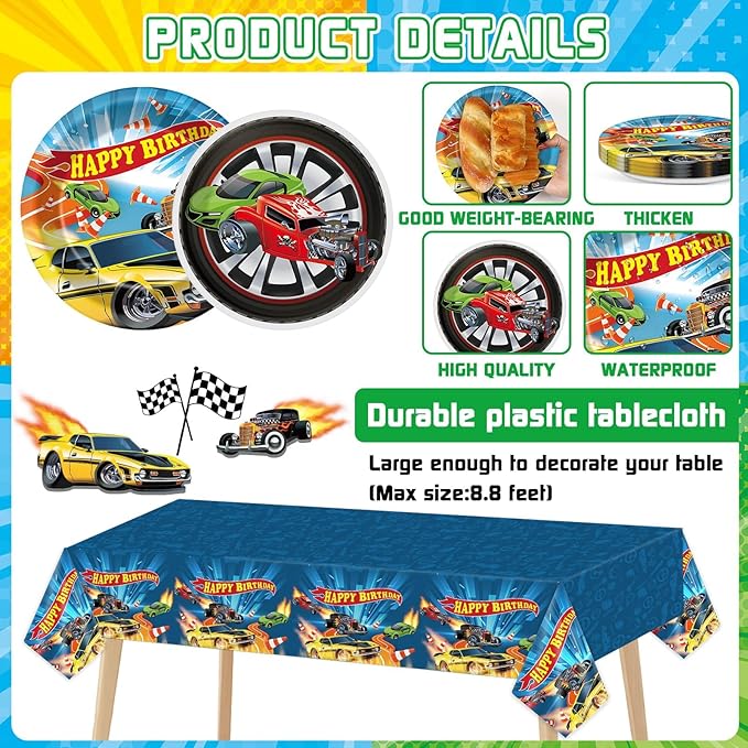 127Pcs Wheels Race Car Birthday Party Supplies Race Cars Plates Napkins Tablecloth with Racing Car Banner Monster Truck Wheels Checkered Balloons Racing Signs Decorations