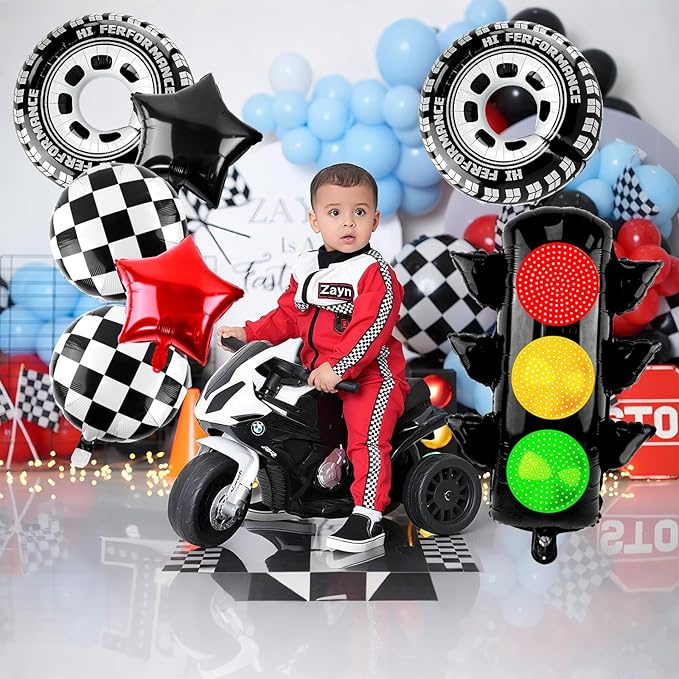 Race Car Party Balloon Set 7pcs Traffic Light, Checkered Balloons, Tire Wheel Balloons Tyre Racing Balloon Race Car Birthday Party Decorations