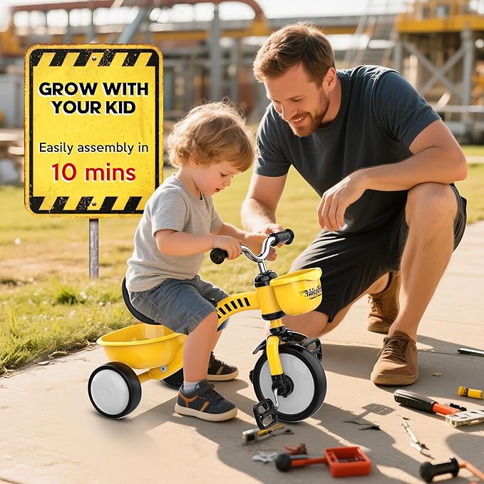 Tricycle for Toddlers 1-3 3-5 Year Olds, Construction Vehicle Toys Road Set Toddler Baby Balance Bike with Colorful Lighting Wheels & Large Basket, Birthday Gift and Toy for 1 2 3 4 5 Year Olds Boys