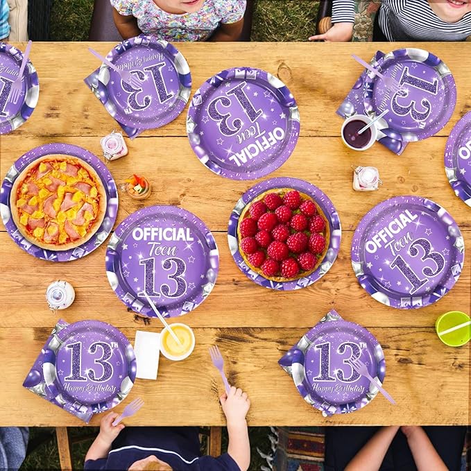96Pcs 13th Birthday Decorations for Girls Purple Silver Official Teen 13th Plates and Napkins Sets Lavender Glitter 13 Year Old Party Decorations for Kids Official Teenager Birthday Favors Serve 24