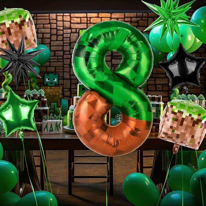 40 Inch Green Pixel Miner Number 8 Balloon Set, 7Pcs MIning Large Foil Balloon Video Game Themed Party Party Decorations for Kids' Anniversary Balloon Party Supplies Supplies