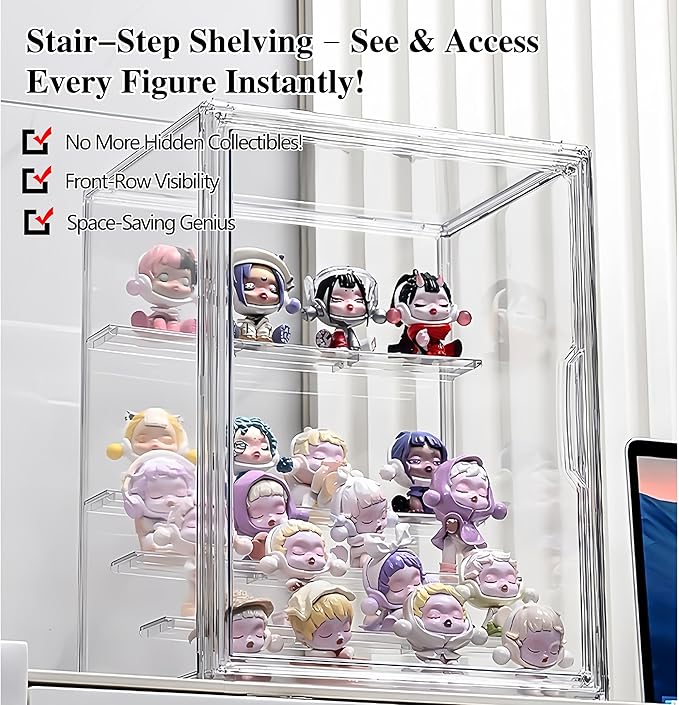 5-Tier Jumbo Acrylic Display Case for Figures - Extra Deep Shelves Holds 40+ Collectibles, Desktop Showcase with Magnetic Door for POP! Vinyls, Bobbleheads (L 5-Tier（10.6"*8.66"*14.17")