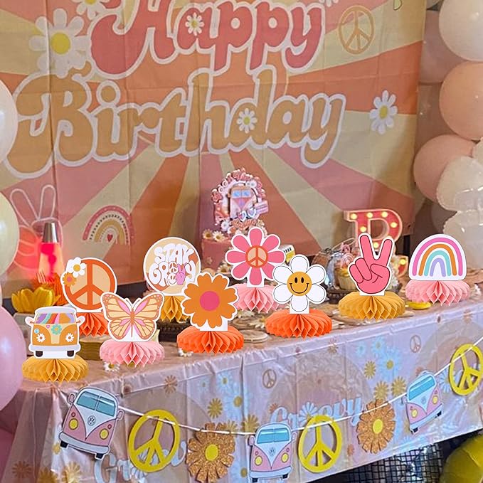 9 PCS Hippie Party Honeycomb Table Centerpiece Peace Sign Hand Butterfly Dasiy Flower 60s Retro Boho Two Groovy Table Toppers Centerpieces Decorations for Hippie Carnival Birthday Party Supplies