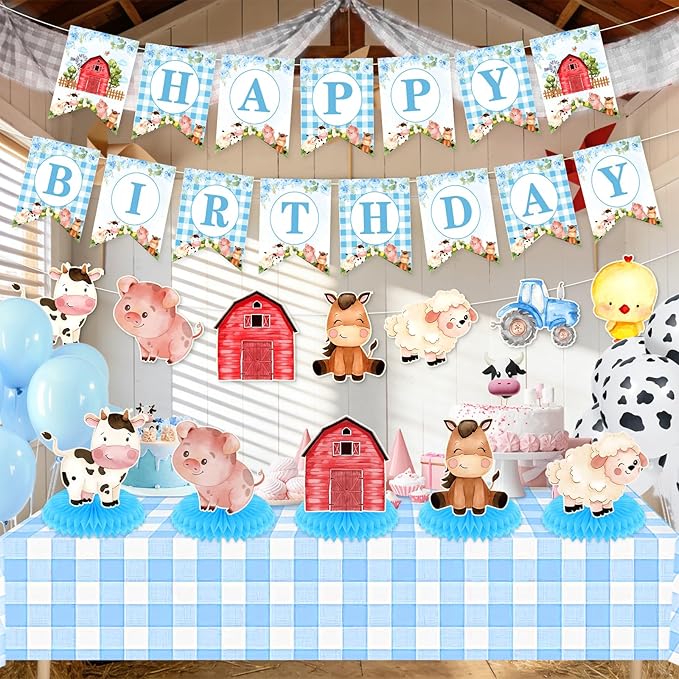 Blue Farm Animals Birthday Party Decorations for Boys Barnyard Baby Shower Supplies Set Includes Happy Birthday Banner Garland Tablecloth Honeycomb Centerpieces Watercolor Cow Pig Sheep Tractor Decor