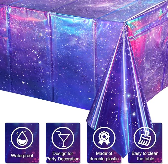 3Pcs Iridescent Space Tablecloths, Disposable Plastic Purple Galaxy Table Cloth Rectangle Table Covers for Space Starry Night Star Theme Party Birthday Party Decorations, 54x108 Inch