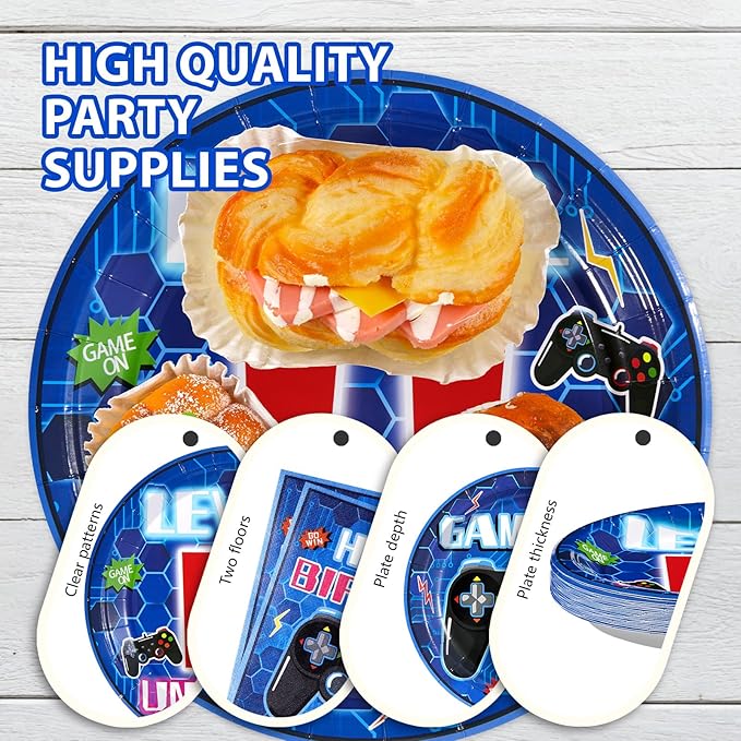 Grencian 96Pcs 11th Birthday Decorations for Boys Blue Video Game 11th Birthday Plates Disposable Paper Tableware Set for Kids Boys Girls 11 Year Old Video Game Theme Party Supplies, Serves 24