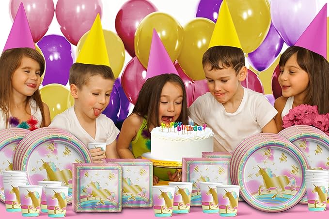Gold Rainbow Unicorn Pegasus Birthday Party Supplies Set Plates Napkins Cups Tableware Kit for 16