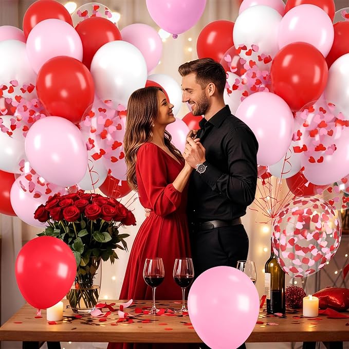 Red Pink White Balloons, Valentine's Day Balloon with Pink Heart Confetti Latex Balloons For Valentine Party Birthday Baby Shower Party Wedding Bridal Anniversary Engagement Decorations