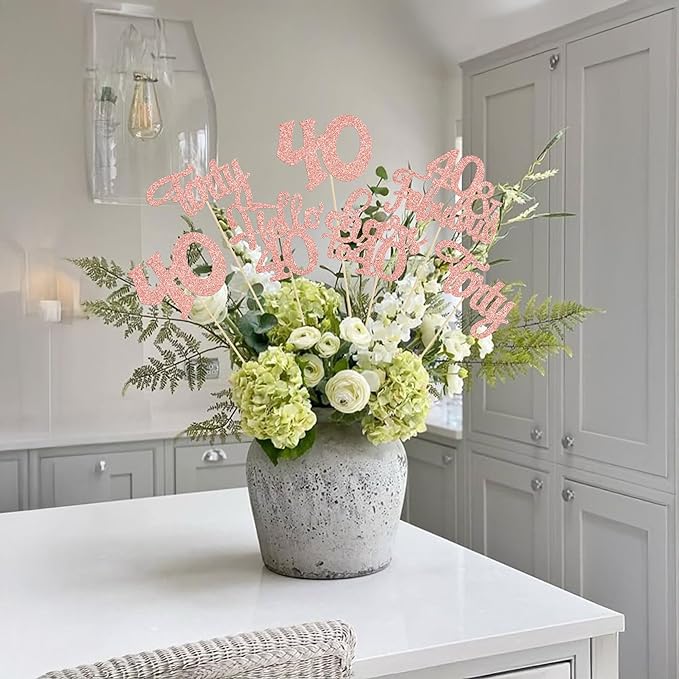 Gyufise 15Pcs 40th Birthday Centerpiece Sticks Forty Happy 40th Table Flower Centerpieces Sticks Cheers to 40 Floral Decorations for 40th Birthday Party Centerpieces Supplies Rose Gold