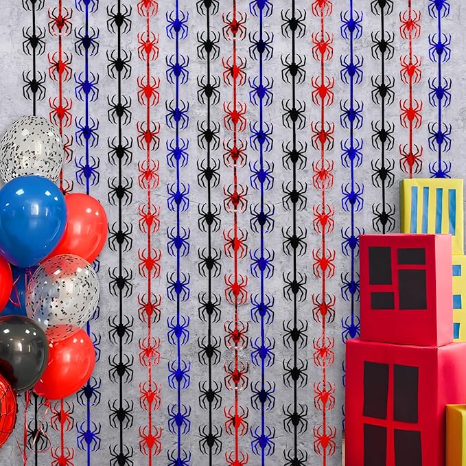 Spider Web Birthday Decorations,2 Pack Red Black and Blue Spider Birthday Party Supplies 3.3 x 6.6ft Tinsel Foil Fringe Curtains Photo Booth Props Backdrop Streamers, House Room Decor for Boys