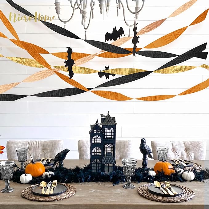 Thanksgiving Party Decorations, 8 Rolls Black Orange Gold Crepe Paper Streamers, Paper Tassels Party Streamer for Fall Autumn Thanksgiving Day Halloween Party Decoration