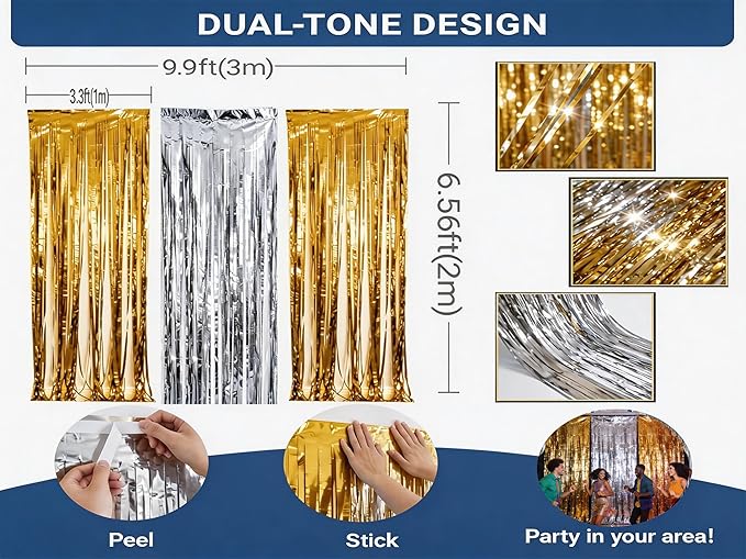 3 Packs Gold Silver Foil Fringe Curtains, Birthday Party Decorations Backdrop Tinsel Steamer, Wedding Engagement Bridal Shower Party Decorations Retirement Decor Graduation Party Backdrop