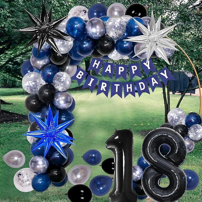 18th Birthday Decorations for Boys Men Girls Dark Blue, HAPPY BIRTHDAY Banner Black Number 18 Balloons Tablecloth Foil Backdrop Star Balloons Garland Arch Kit-18 Years Old Birthday Party Supplies