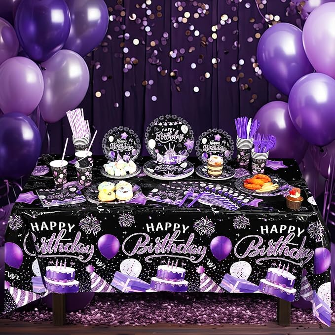 Norme 176 Pcs Purple and Black Birthday Tableware Set Birthday Decoration Includes Tablecloth Paper Plates Napkins Paper Cups Forks Knifes and Straws for 25 Guests Party Supplies (Modern)