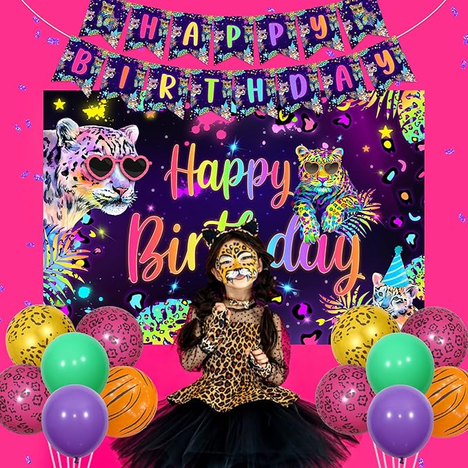 Cheereveal Rainbow Cheetah Birthday Decorations for Boys Girls - Leopard Print Happy Birthday Backdrop, Cheetah Wild Cake Cupcake Toppers, Jungle Safari Animal Theme Party Supplies
