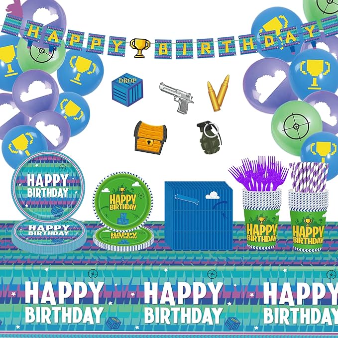 170pcs Video Game Party Supplies for Boys 1st 2nd Kids Video Games First Birthday Party Decorations Including Paper Plates Napkins Paper Cups Tablecloth Balloons Banners For 24 Guests