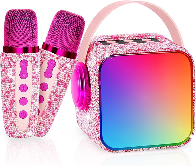 Karaoke Machine for Kids, Birthday Gifts for 3 4 5 6 7 8 9 10 11 Year Old Girl Boy, Portable Speaker with Colorful LED Lights and 2 Mics, Toys for Ages 3-12 (Pink-1)