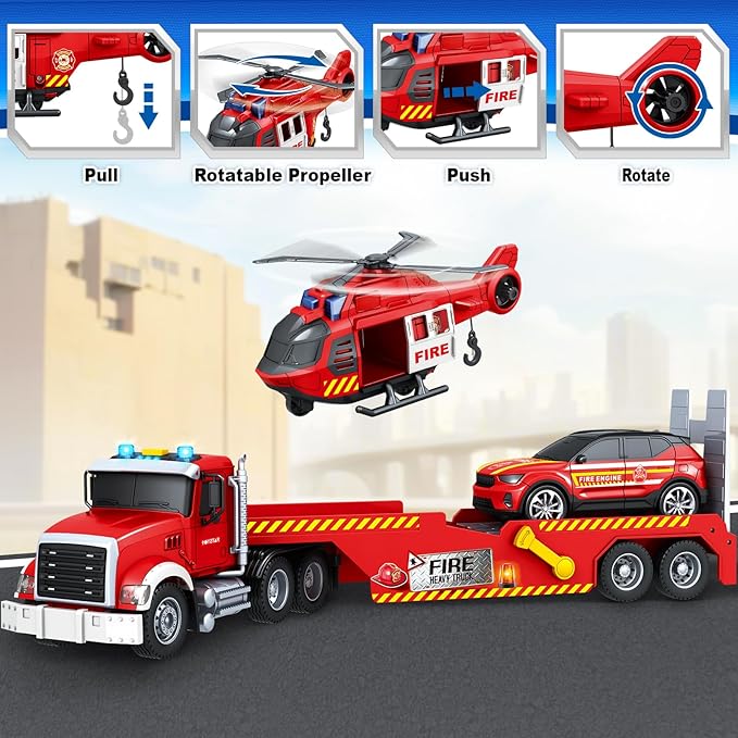 Toddler Boy Toys for 3 4 5 6 7 Years Old Kids, 21" Semi Fire Truck Toy with Racing Car and Helicopter, Friction Powered Toys with Lights and Sounds, Birthday for Boy Girls