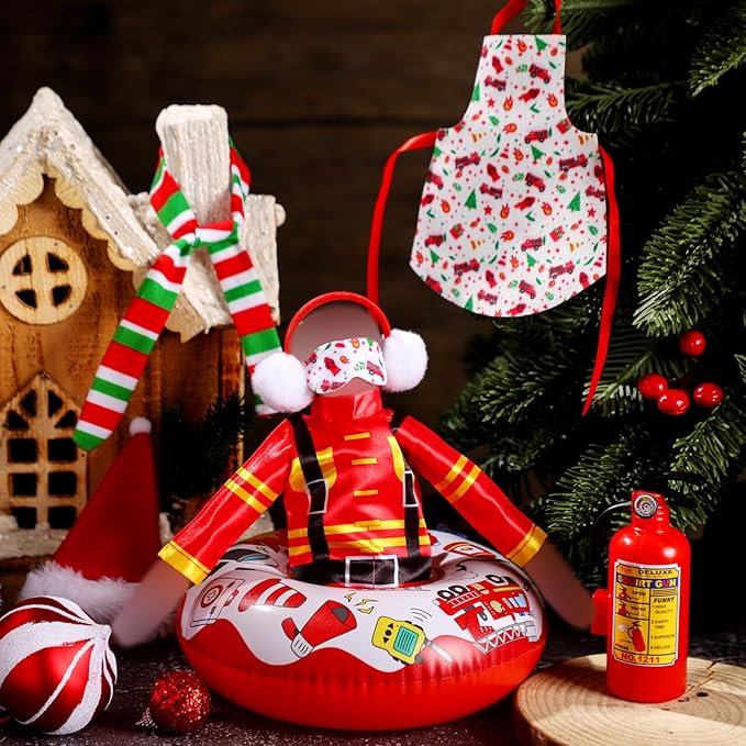 Kacctyen 14 Pcs Fireman Themed Christmas Doll Accessories Include Christmas Doll Firefighter Suit Sleeping Bag Apron Santa Hat Scarf Glasses Pillow Eye Mask Shoes Mask Hammock