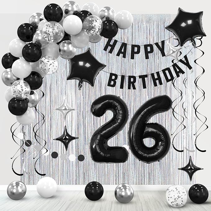 26th Birthday Decorations for Boys Girls, Silvery and Black Happy 26th Birthday Banner,Number 26 Balloons Arch Kit for 26 year old Birthday Party Decorations