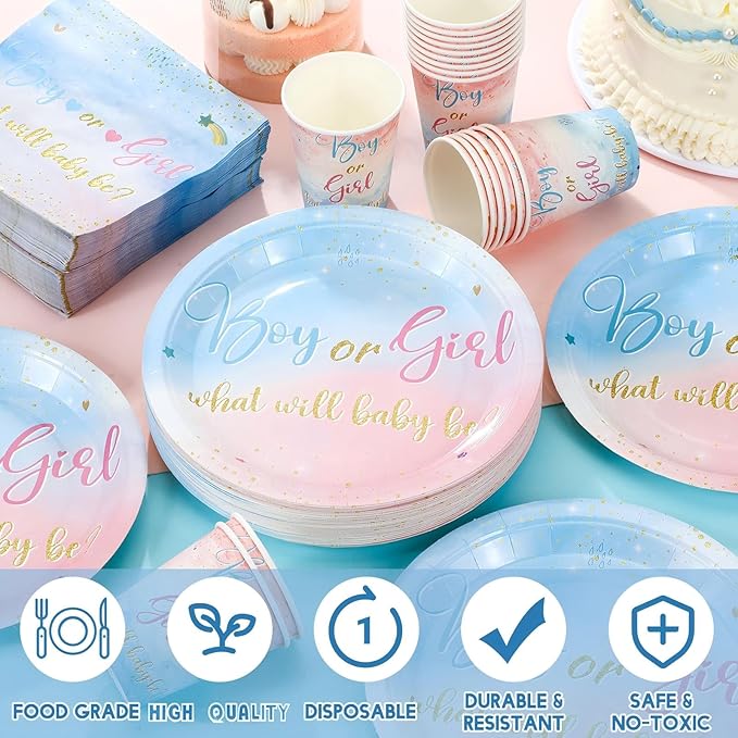 Hushee 200 Pcs Gender Reveal Baby Shower Paper Plates Napkins Cups Baby Shower Party Supplies Tableware Set Disposable Cup Napkin for 50 Guest Party Decoration